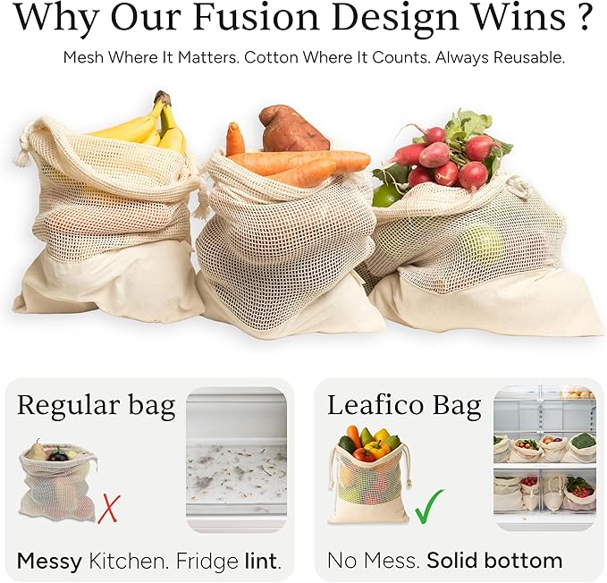 LEAFICO Reusable Produce Bags – 100% Cotton Mesh & Solid Hybrid (Small 8x10 inch 6 Pcs) – Cloth Grocery Bags for Garlic, Nuts, Onions, Bulk Snacks – Washable, Plastic-Free, Breathable, Zero Waste