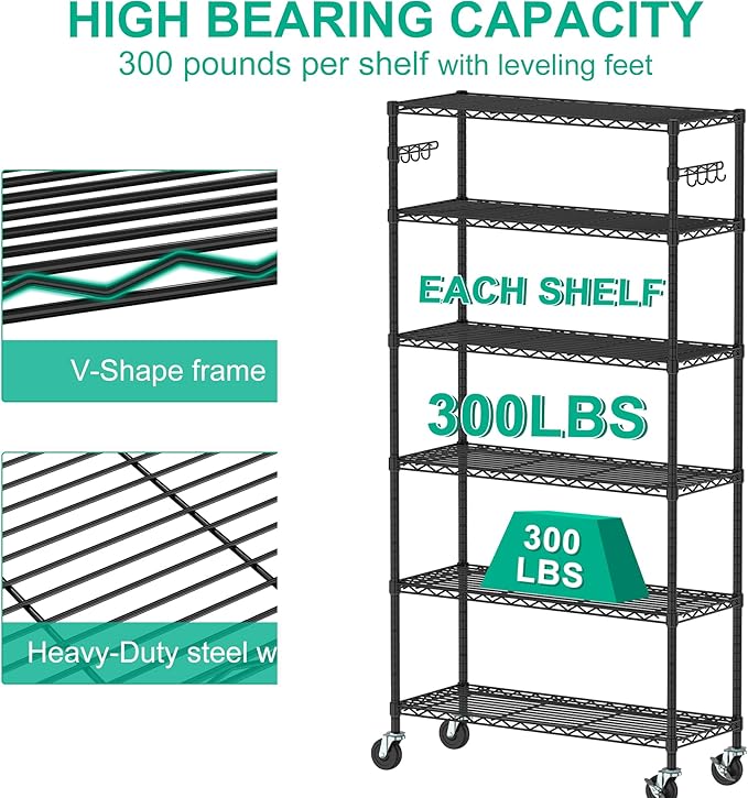 Folews 6-Tier Metal Storage Rack with Wheels, Sturdy Adjustable Wire Shelving Unit for Garage Kitchen Pantry Laundry Room, 36" W x 14" D x 75" H Large Rolling Organizer Shelf Easy Assembly, Black