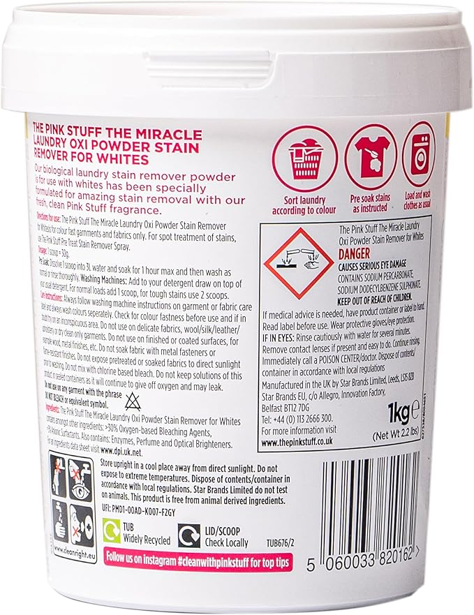Stardrops - The Pink Stuff - The Miracle Laundry Oxi Powder Stain Remover Specifically Formulated for Whites, 1 kg