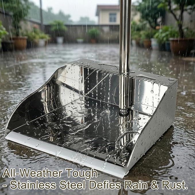 Metal Dustpan Long Handle Stainless Steel Dustpan,Heavy Duty Standing Dust Pan with Teeth, Indoor Outdoor Up for Home Kitchen Lobby Room Office