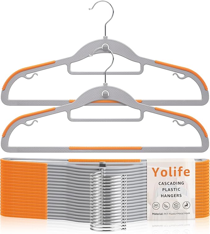Yolife Cascading Plastic Clothes Hangers 20 Pack with Inner Hook for Vertical Storage, Slim Space Saving Hangers with Non-Slip Pads, 360° Swivel Metal Hook, Versatile, Gray & Orange