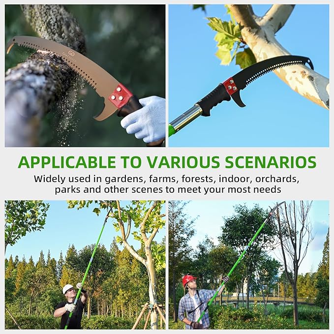 Manual Pole Saw for Tree Trimming, 27 FT Manual tree purner with 8-Section Fiberglass Handle, Sharp steel Blade, Easy to Carry and Extendable Design for Tree Maintenance, Green