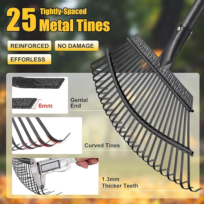 Rake for Leaves: Heavy Duty Metal Leaf Rake with 25 Tines- 18" Wide Head, 79" Splicing Handle, Durable Steel Yard Lawn, Garden,Camping Clean Gardening Tools for Thatch Grass Leaves Gravels Mulch