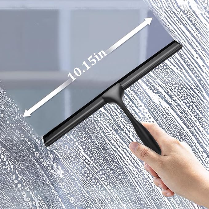 10" Stainless Steel Shower Squeegee for Shower Glass with Adhesive Hook for Cleaning Bathroom Glass Doors Car Window Mirrors and Tile Wall (Matte Black + Hook)
