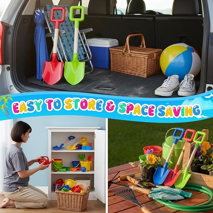 Honoson 24 Pack 16 Long Beach Spades Sand Shovels Toys Gardening Tools Sets Sandbox Sturdy Scoop Durable Wood Handle ABS Plastic Spade for Garden Sand Snow Backyard Summer Favors (Bright Color)