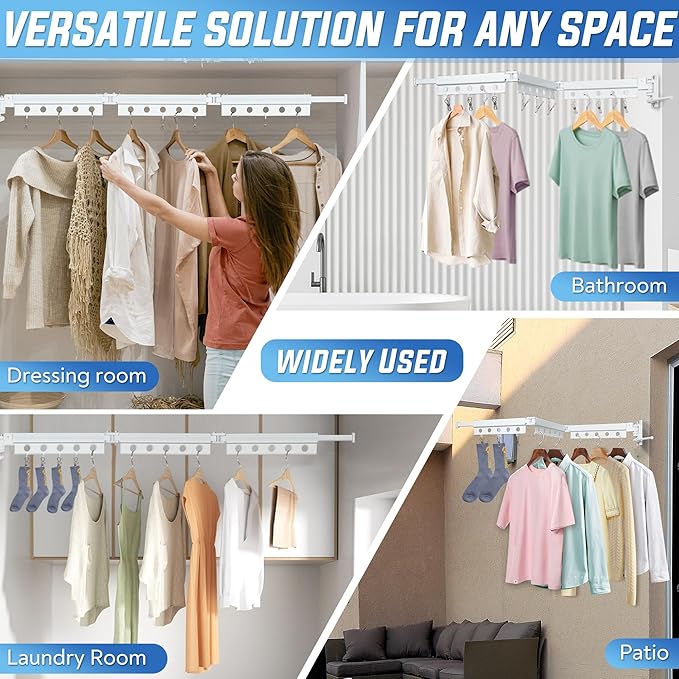 Clothes Drying Rack Wall Mounted, Retractable Space-Saving Aluminum Foldable Laundry Drying Rack for Indoor & Outdoor Use - Laundry Rooms, Bathroom & Balconies,Includes 10 Clothespins(White)