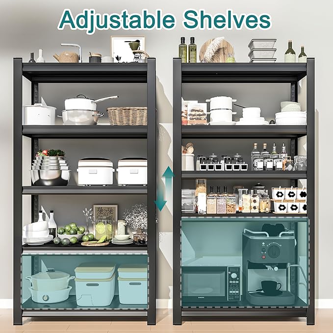 71" H Heavy-Duty Metal Storage Shelving, 5-Tier Garage Shelves Unit, 36" W 3000 LBS Ajustable Industrial Shelf for Garage, Warehouse, Home, Kitchen, Pantry, Office, Pure Black