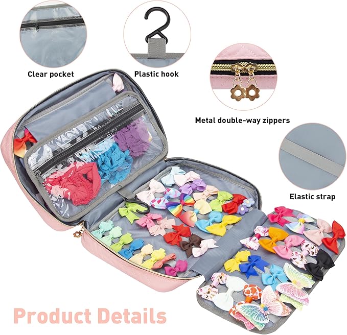 MICOM Hanging Hair Accessories Storage Bag - Organizer for Girls' Hair Bows, Clips, Headbands, Scrunchies & Ties - Display Case with Hook