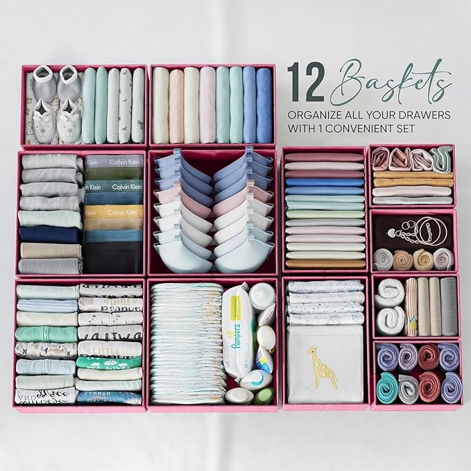Drawer Organizer Clothes Set of 12 Pink - Dresser Organizer For Nursery, Bedroom, Closet - Perfect Baby Clothes Organizer and Storage & General Nursery Organization or Dresser Drawer Organizers