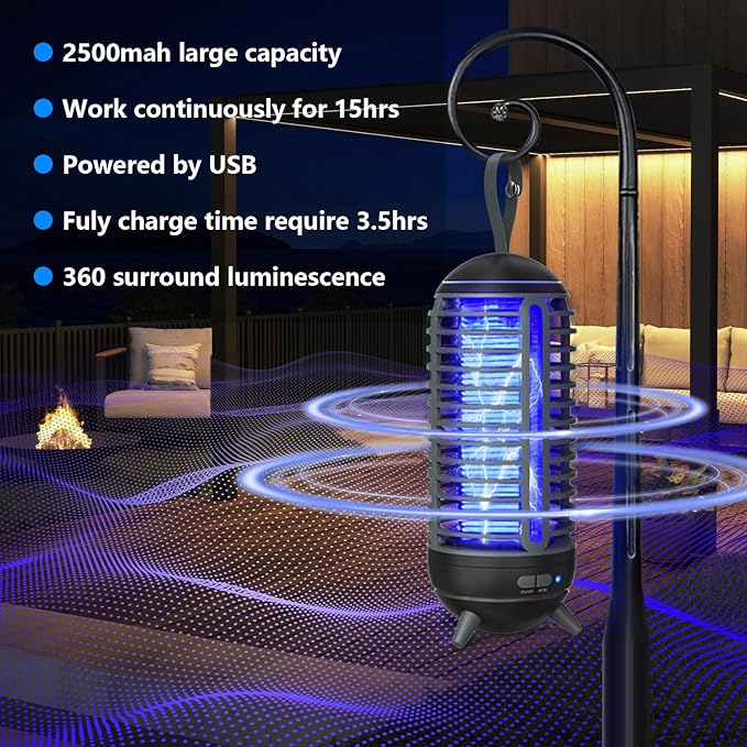 Cordless Bug Zapper Outdoor Rechargeable 2 in 1 Wireless Mosquito Killer Lamp 2500mAh Bug Zapper Electric Trap Ideal Fly Zapper Indoor for Patio, Home, Backyard, Yard, Garden, Campsite (Black)