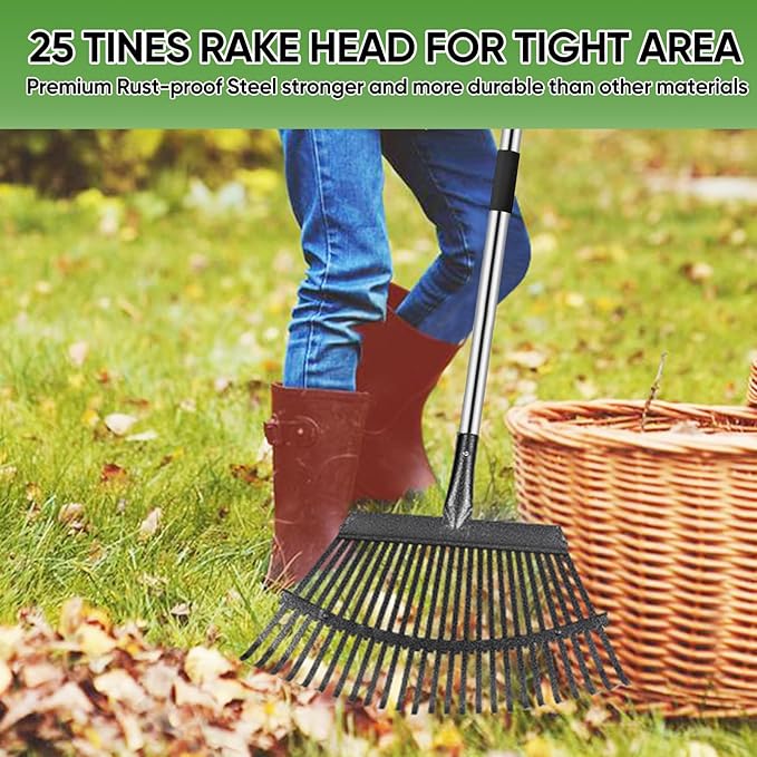 Rake Heavy Duty 6FT Long Garden Rake , 18.5 Inch Wide Leaf Rake for Lawns, 25 Metal Tines, Adjustable Stainless Steel Handle, Rakes for Leaves, Yards, Grass, Garbage, Weeds, Debris (Black)