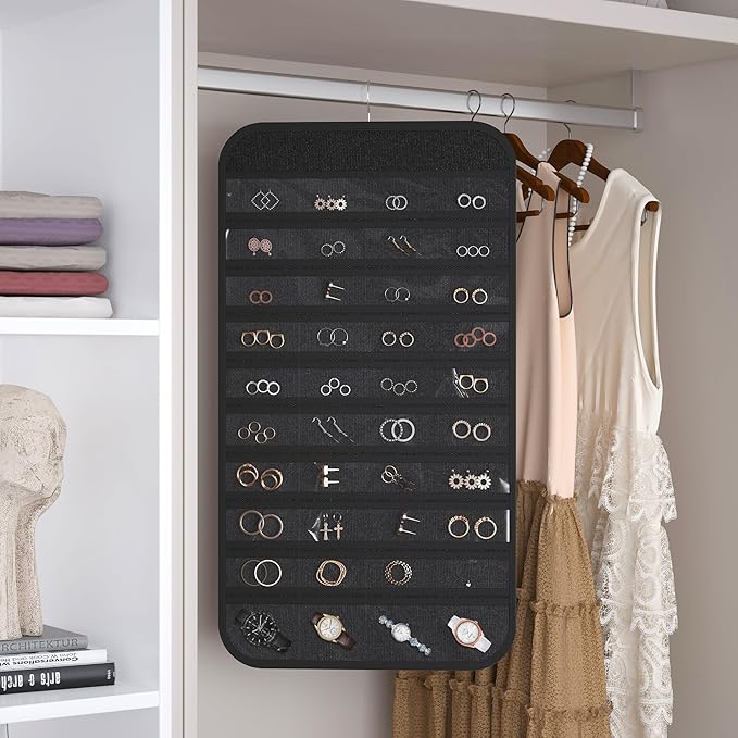 2 Pack Hanging Jewelry Organizer 80-Pocket Dual-sided Jewelry Storage for Earring Necklace Bracelet Ring Travel Holder, Black and White