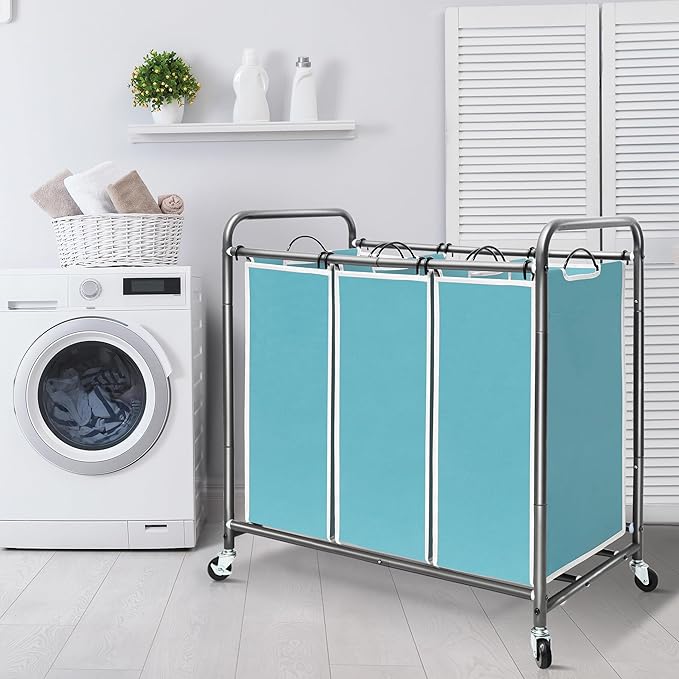STORAGE MANIAC 3 Section Laundry Sorter, 35.9 Gal (136 L) Laundry Hamper Cart with Heavy Duty Rolling Lockable Wheels and Removable Bags, Clothes Organizer Basket Clothes Separator Hamper, Blue