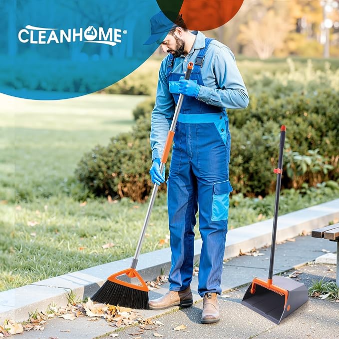 Heavy Duty Outdoor Broom and Dustpan Set with Long Handle, Standing Dustpan & Split-End Bristles for Patio, Garage, Deck, Leaves Debris Cleaning