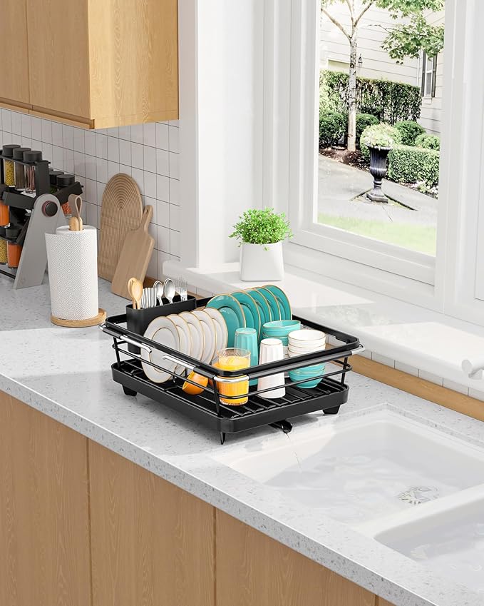 Sakugi Extendable Dish Drying Rack Over Sink with Dish Drainer, Sink Organization and Storage Essentials with Silverware & Utensil Holder, Home and Apartment Decor, 12" W x 16.1~23" L, Black