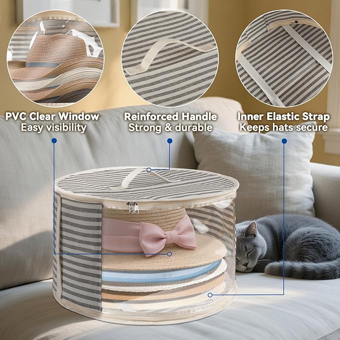 2 Pack Hat Storage Box with Clear Window, Holds up to 7 Caps Cowboy Hat Organizer Bag for Closet for Wide Brim Hats with Carrying Handles, Gray