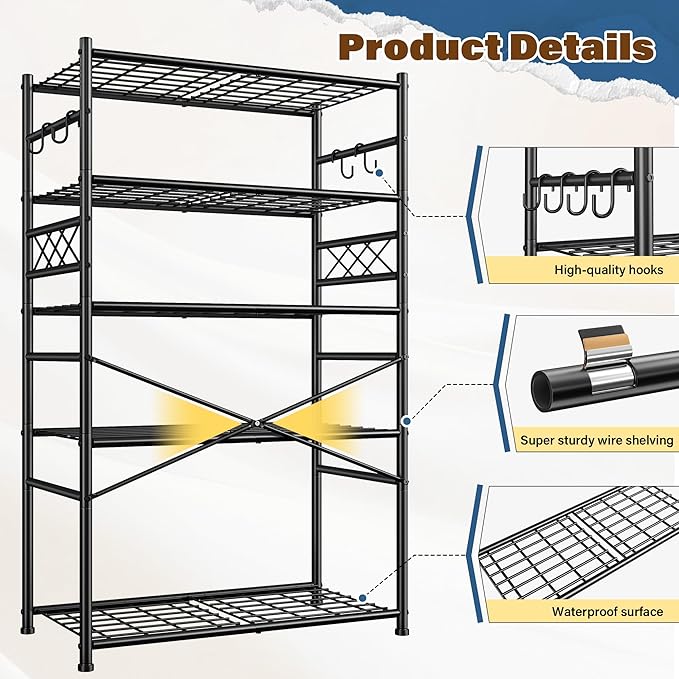 Storage Shelves 5-Tier Large Capacity Wire Shelving with Hooks, Heavy Duty Garage Shelving Unit with Leveling Feet, Stable Metal Shelf for Pantry, Kitchen and Closet, 72" H x 36" W x 12" D, Black