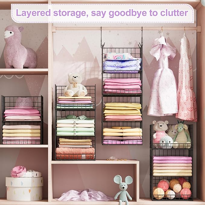 6 Tier Hanging Closet Organizers and Storage Stackable Hanging Closet Shelves with 4 Hooks 2 Adjustable Dividers, Wire Storage Basket Bins for Clothing Purse Sweaters Shoes Socks Dolls, Foldable
