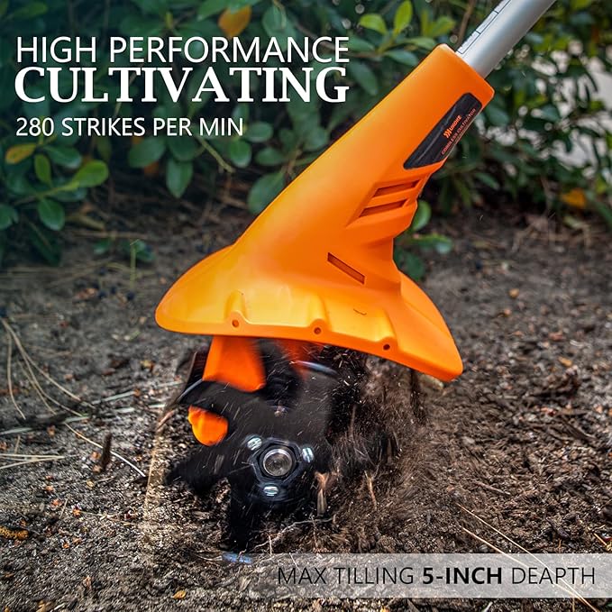 Ukoke Cordless Tiller Cultivator 40V 2.0 A Battery 280 max RPM Powered Tiller Cultivator, w/24 Steel Blade Cultivate Max Tilling 5'' deep Path by 7.8'' Wide, Orange, CT1940