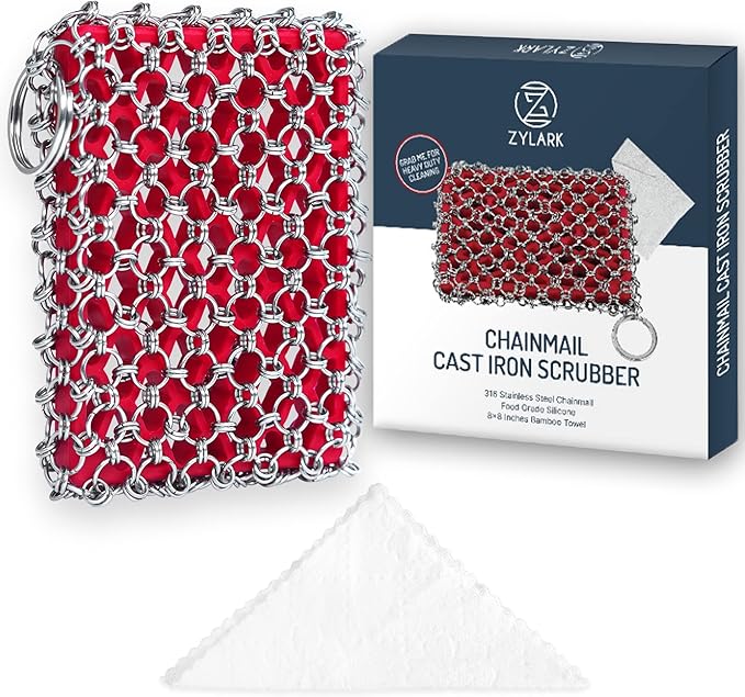 Cast Iron Scrubber Chainmail - 316L Cast Iron Cleaner Scrubber and Bamboo Cloth Set - Chain Mail Scrubber - Stainless Steel Chainmail Scrubber for Skillet, Pan, Dutch Oven - Essential Accessory