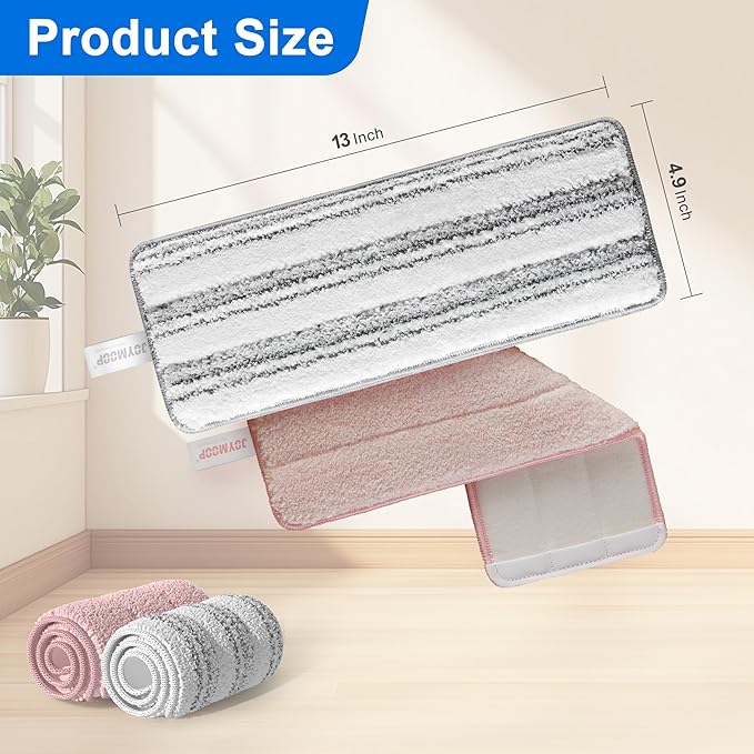 JOYMOOP Mop Replacement Pads, Reusable Microfiber Mop Pads for 13-inch Flat Mop and Mop Bucket Set, Pack of 2 Refills - Stripe and Pink