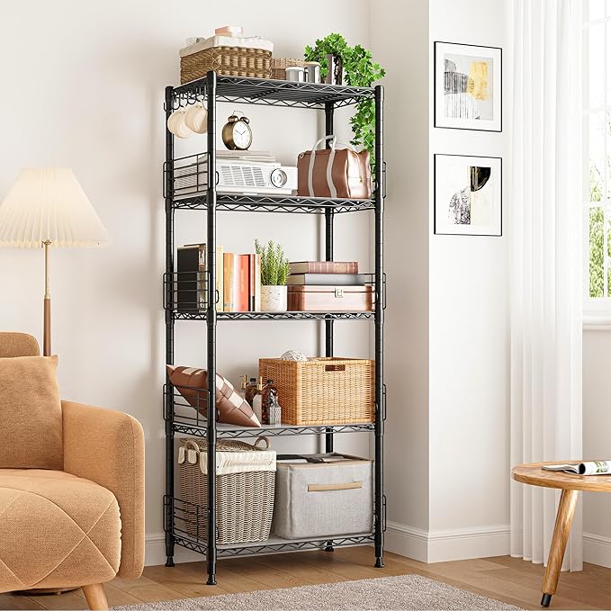 5 Tier Metal Shelving Unit Pantry Storage Shelves with Side Blockers Adjustable Metal Wire Shelf with Hooks & Shelf Linker Standing Storage Rack for Kitchen Pantry Bathroom Closet,13.8"Dx21.7"Wx59.1"H