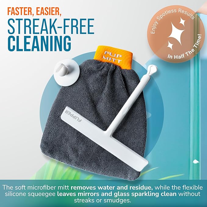 Flipper Dual-Action Squeegee and Microfiber Mitt – 2-in-1 Streak-Free Glass and Mirror Cleaning Tool for Windows, Shower Doors and Countertops – Reusable, Ergonomic, and Durable Design