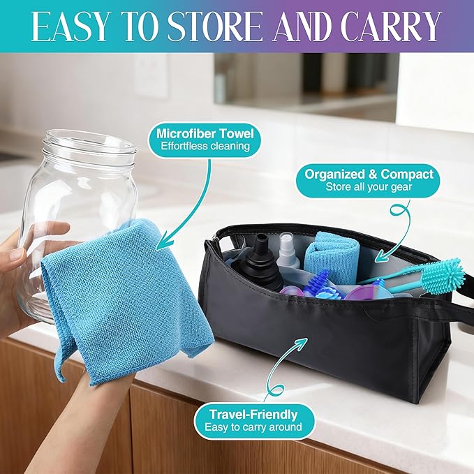 Enhon 13 Piece Glass Cleaning Kit, Reusable Glass Cleaner Kit with Cleaning Plugs & Caps, Silicone Bottle Brushes, Cleaner, Mat, Folding Funnel, Storage Bag & Towel, Effortless Washing & Easy Storage