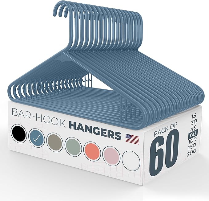 Neaties Plastic Hangers 50 Pack (60 Count) – Made in the USA – 6lb Capacity Standard Clothes Hangers with Strap Hooks for Dresses, Lingerie, Shirts, Pants, and Jackets – Blue