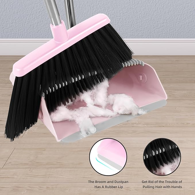 Broom and Dustpan Set, 54” Long Adjustable Household Hand Broom with Dustpan Teeth to Clean Hair Broom with Dustpan Set Heavy Duty to Clean Hair for Home Lobby Office (Pink)