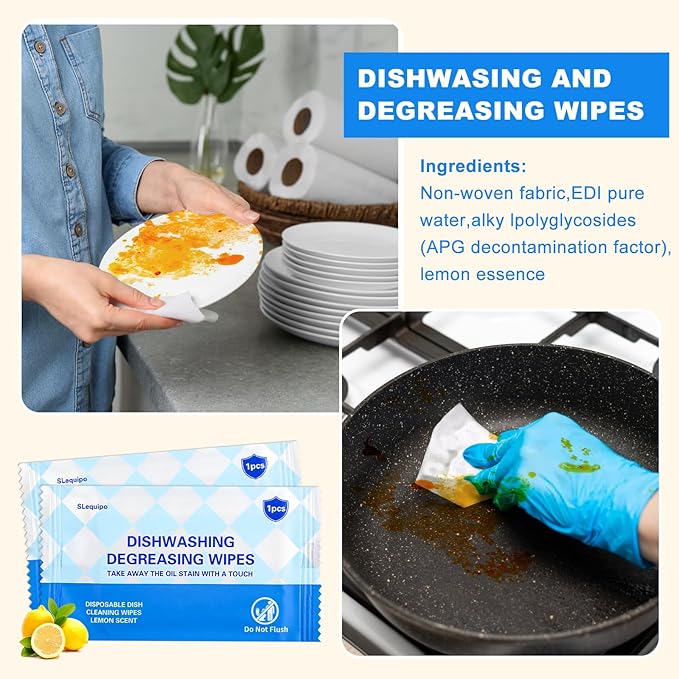 200 Pcs Dish Wipes, Individually Wrapped, Lemon Scent, Non Woven Fabric, Quick Clean, Kitchen, Outdoor, Travel, Camping