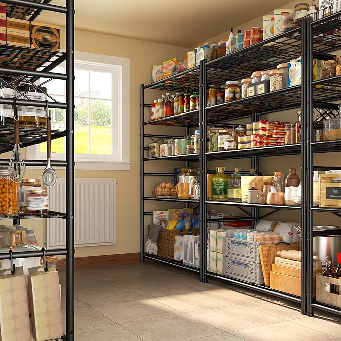 Storage Shelves 5-Tier Large Capacity Wire Shelving with Hooks, Heavy Duty Garage Shelving Unit with Leveling Feet, Stable Metal Shelf for Pantry, Kitchen and Closet, 72" H x 36" W x 12" D, Black