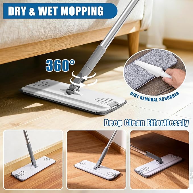 Flat Mop and Bucket Set with Heavy Duty Scrub Brush, 2 Washable Reusable Microfiber Pads, for Tile Hardwood, Wall Cleaning, Home Indoor or Outdoor Cleaning (White-Gray)