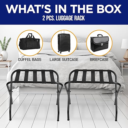 Lifemaster Metal Luggage Rack - Pack of 2 Foldable, Easy Assembly, Space Saving, and Stylish Steel Frame Guest Suitcase Stands with Nylon Straps - Black