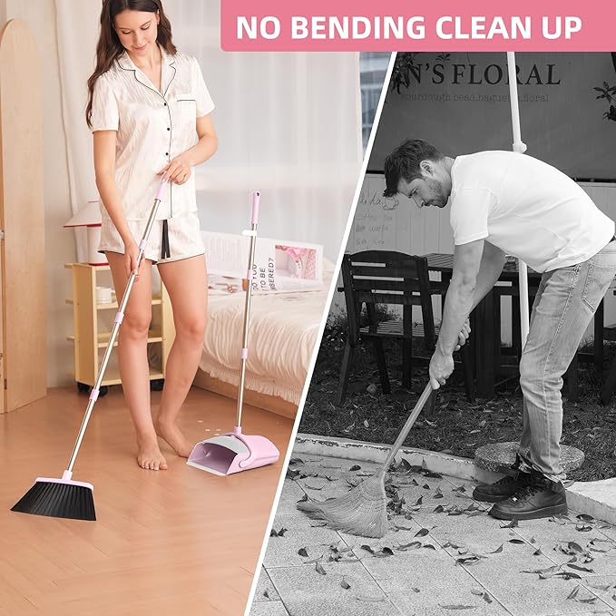 Pink Broom and Dustpan Set, 52-in Handle Broom Dustpan Combo Set Household Hand Broom with Dustpan Teeth to Clean Hair for Home Kitchen Office Lobby Sweeping Indoor（Pink）
