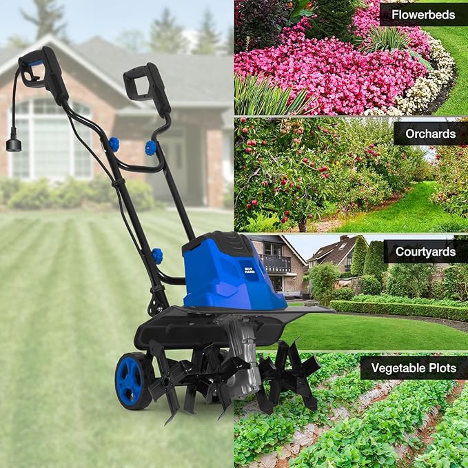BILT HARD 16-Inch Corded Garden Tiller Cultivator, 13.5-Amp 6 Steel Tines Tillers with Adjustable Wheels & Foldable Handle, 8-Inch Tillling Depth Electric Rototiller for Lawn/Yard/Garden Soil Digging