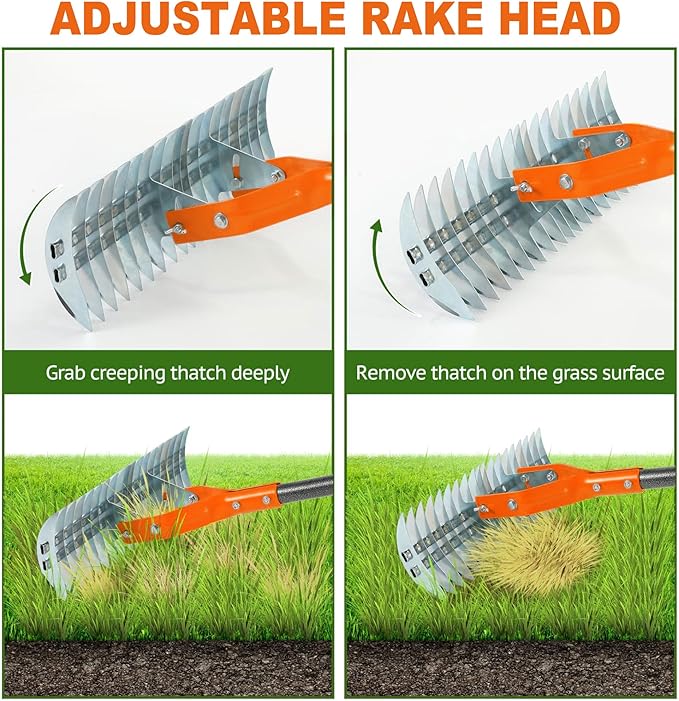 Thatch Rake,15" Lawn Dethatcher Rakes,Dead Grass Remover,Manual Dethatching Rake with Adjustable Length Handle,Scarifier Rake,Thatching Rakes for Lawns Grass Loosening Soil