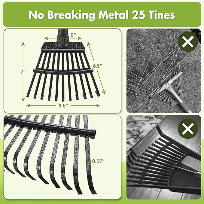INFLATION Garden Rake for Leaves Sturdy Metal Small Yard Leaf Rakes for Lawns 60” Length 8.5 Inch Width 11 Tines for Women Men Kids Lightweight with Non-Slip Comfortable Smooth Long Handle