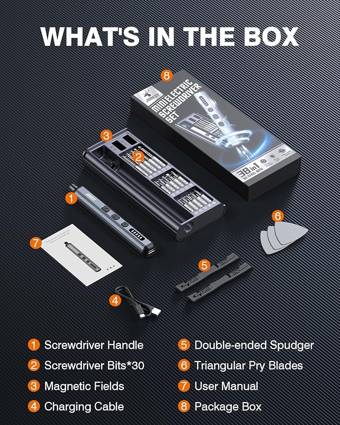 JOREST Mini Electric Screwdriver,Cordless Precision Screwdriver set with 38-in-1 Magnetic Bits, 5 Torque Settings, Repair Tool for iPhones, Laptop, Drone, Game Console, Camera;Birthday Gift for Father
