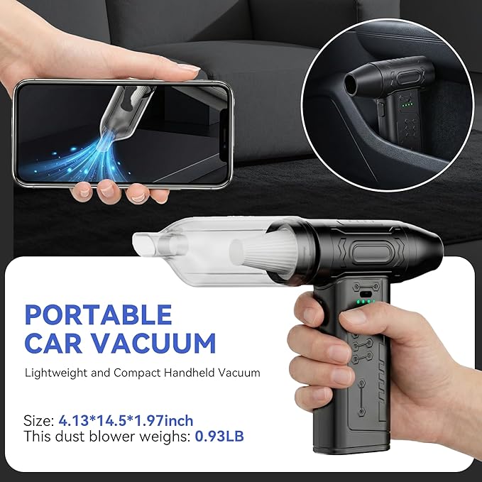 fourq Compressed Air Duster,Mini Vacuum Cleaner 2-in-1,4000 mAh,130,000 RPM Brushless Motor,8000Pa，120MPH/1.1LB Thrust Car Dryer Air Blower for Car Cleaning,Computer Cleaning