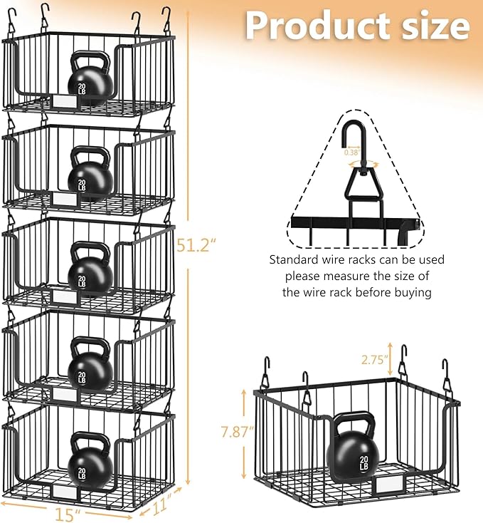 5-Tier Hanging Laundry Room Organizer with Label Cards, Foldable Wire Shelf Basket with 4 Rotating Hooks, Stacked Storage Rack for Laundry Rooms, Closet and Pantry, Black Metal