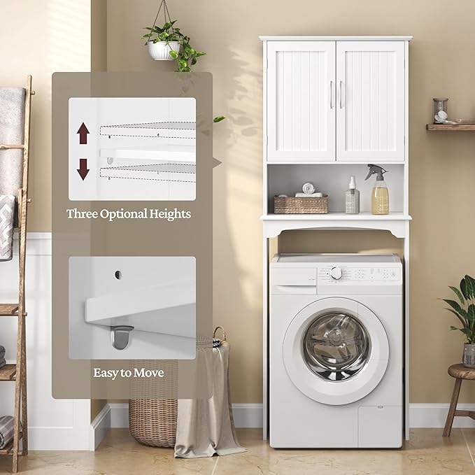 Yaheetech Over The Toilet Cabinet, Double Door Bathroom Storage Organizer, Toilet Rack with Inner Adjustable Shelf and Open Storage Shelf, White