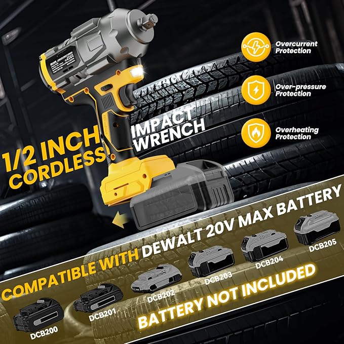 Cordless Impact Wrench 1/2 inch for Dewalt 20V Battery, Impact Wrench 1360N.m(950Ft-lbs) High Torque Brushless Electric Impact Gun, Power Impact Driver with 3-Mode Speed, LED Work Light(no battery)