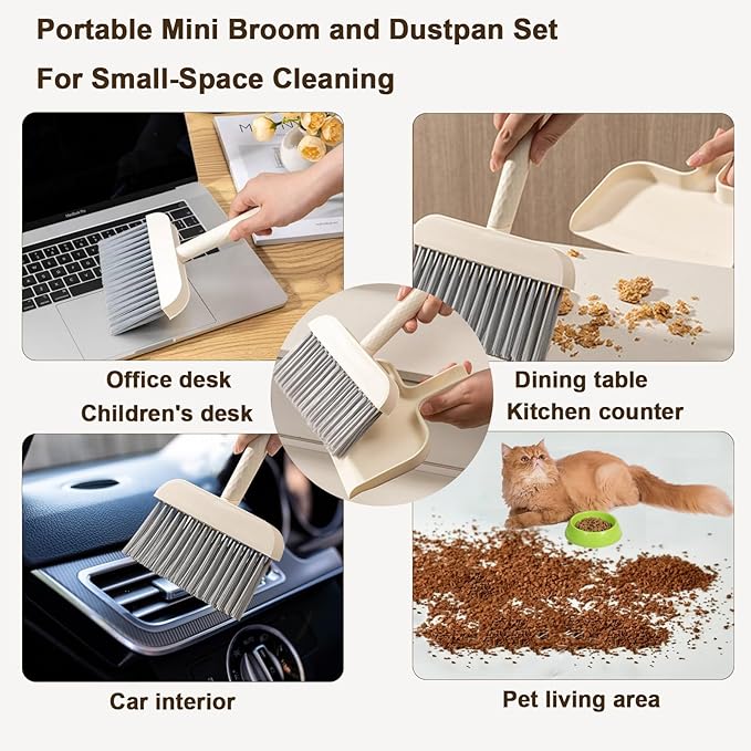 Mini Handheld Broom and Dustpan Set, Small Dust Pan and Brush Set Cleaning for Keyboard, Tabletop, Office Desk, Camping, Gardening, Pet, Car, Tiny Broom with Dustpan Combo for Children Learn Cleaning