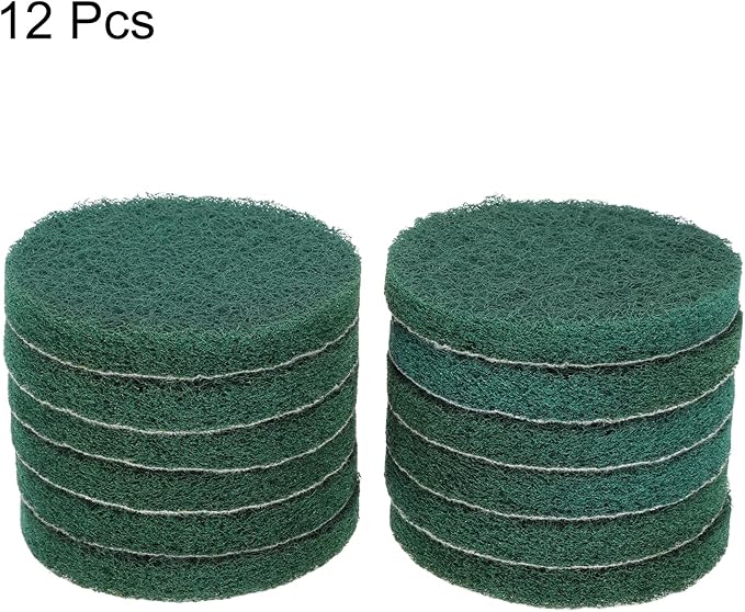HARFINGTON 12pcs Scrubber Scouring Pads 180 Grits 5 Inch Drill Power Brush Hoop and Loop Surface Conditioning Disc Drill Scuffing Disc Scrub Pads for Home Kitchen Cleaning, Green
