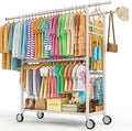 Heavy Duty Clothes Rack Load 1060LBS, Four Rods Rolling Clothing Racks for Hanging Clothes, Rolling Garment Rack With Sturdy Wheels Shelves Hooks, Portable & Adjustable Commercial Garment Rack, White