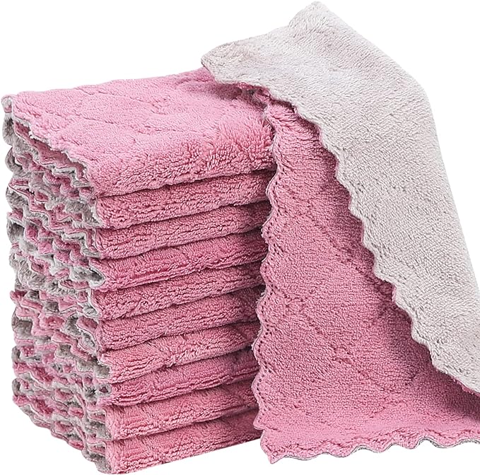 Rachan 11Pack Kitchen Dish Cloths, Reusable Dish Towels, Nonstick Oil Washable Fast Drying, Super Absorbent Coral Velvet Cleaning Cloths for Cleaning Tableware, Kitchen, Bathroom (Purple-grey10 x 6")