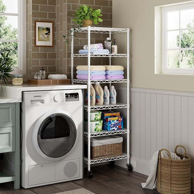 Golpart Small 6 Tier Shelf Storage Wire Shelving Unit Metal Shelves Adjustable Organizers Storage Shelving with Wheels for Bathroom Laundry Room Kitchen Pantry12”D x 18”W x 61.6”H White
