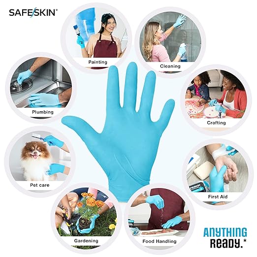 SAFESKIN Nitrile Disposable Gloves, Medium Duty, Large Size, Powder-Free - For Food Handling, First Aid, Cleaning, Gardening, Crafting - Exam Gloves, 100-Count