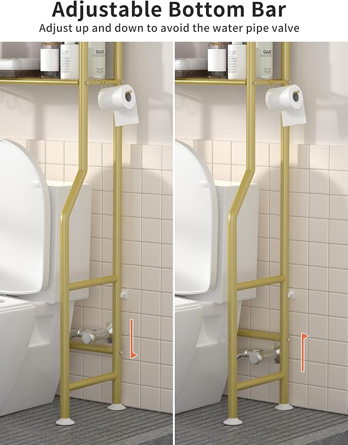 Livilord 3-Tier Over The Toilet Storage, Freestanding Metal Bathroom Shelves with 4 Hooks, Over Toilet Storage Shelf with Paper Holder, Above The Toilet Shelf for Bathroom Storage, Gold